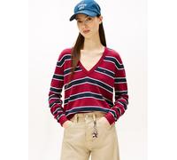 V-Ausschnitt-Pullover TOMMY JEANS "TJW ESSENTIAL VNECK SWEATER EXT", Damen, Gr. S (36), lavish cerise, multi stripe, Strick, Obermaterial: 100% Baumwolle, gestreift, normal normal, V-Ausschnitt, Ripps
