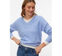 V-Ausschnitt-Pullover VERO MODA "VMCREWLEFILE LS V-NECK BLOUSE NOOS", Damen, Gr. L, brunnera blau detail:melange, Strick, Obermaterial: 70% Polyacryl, 27% Nylon, 3% Elasthan, meliert, regular fit hüft