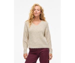 V-Ausschnitt-Pullover VILA "VILAMPE V-NECK L/S KNIT TOP-NOOS", Damen, Gr. M, beige (super light natural melan), Strick, Obermaterial: 70% Polyester, 21% Nylon, 8% Wolle, 1% Elasthan, unifarben, regula