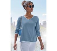 V-Ausschnitt-Pullover VIVANCE, Damen, Gr. 32/34, blau, hellblau, Feinstrick, Obermaterial: 55% Baumwolle, 45% Viskose, unifarben mit Farbeinsatz, figurumspielend hüftlang, V-Ausschnitt, kontrastfarben