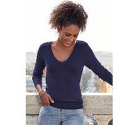 V-Ausschnitt-Pullover VIVANCE, Damen, Gr. 32/34, blau (marine), Feinstrick, Obermaterial: 83% Viskose, 15% Polyamid, 2% Elasthan, unifarben, casual, figurbetont hüftlang, tiefer V-Ausschnitt, Langarm