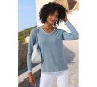 V-Ausschnitt-Pullover VIVANCE, Damen, Gr. 36/38, blau (blau, hellblau), Feinstrick, Obermaterial: 55% Baumwolle, 45% Viskose, unifarben mit Farbeinsatz, gerade hüftlang, V-Ausschnitt, kontrastfarben,
