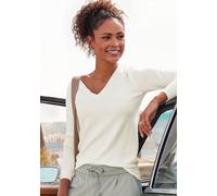V-Ausschnitt-Pullover VIVANCE, Damen, Gr. 44/46, beige (creme), Feinstrick, Obermaterial: 83% Viskose, 15% Polyamid, 2% Elasthan, unifarben, figurbetont hüftlang, tiefer V-Ausschnitt, Rippstrickbündch