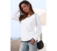 V-Ausschnitt-Pullover VIVANCE "mit Kontrastkanten an den Abschlüssen", Damen, Gr. 36/38, weiß (weiß, schwarz), Feinstrick, Obermaterial: 55% Baumwolle, 45% Viskose, unifarben mit Farbeinsatz, gerade h