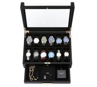 V-LAFUYLIFE Uhrenbox aus Holz mit 12 Schlitzen und Glasdeckel und Schmuckschublade - Herren-Uhren-Vitrine mit abnehmbaren Kissen, Aufbewahrungs-Organizer für Sonnenbrillen, Ringe, Armbänder (schwarz)