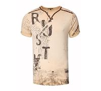 V-Neck Herren T-Shirt Vinatage Used-Look mit Plakativem Front und Back Print Kurzarm-Shirt Wildleder-Details mit Nieten-Verlauf 289, Farbe:Beige, Größe S-3XL:S