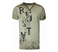 V-Neck Herren T-Shirt Vinatage Used-Look mit Plakativem Front und Back Print Kurzarm-Shirt Wildleder-Details mit Nieten-Verlauf 289, Farbe:Khaki, Größe S-3XL:XL