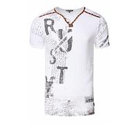 V-Neck Herren T-Shirt Vinatage Used-Look mit Plakativem Front und Back Print Kurzarm-Shirt Wildleder-Details mit Nieten-Verlauf 289, Farbe:Weiß, Größe S-3XL:XL
