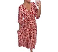 V-Neck Shirred Waist Long Dress, Dress for Women, Summer Beach Flowy Dresses, Plus Size Summer Floral Maxi Dress (Red,L)
