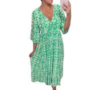 V-Neck Shirred Waist Long Dress, Dress for Women, Summer Beach Flowy Dresses, Plus Size Summer Floral Maxi Dress (Green,3XL)