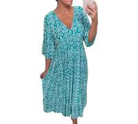 V-Neck Shirred Waist Long Dress, Dress for Women, Summer Beach Flowy Dresses, Plus Size Summer Floral Maxi Dress (Blue,L)