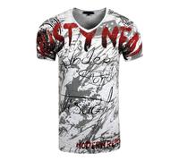 T-Shirt Herren Stretch Street-Wear Tee mit Aufwendigem Strass-Stein Design Clubwear Slim Fit V-Neck Shirt 162, Farbe:Grau, Größe S-3XL:XL