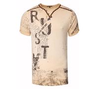 V-Neck Herren T-Shirt Vinatage Used-Look mit Plakativem Front und Back Print Kurzarm-Shirt Wildleder-Details mit Nieten-Verlauf 289, Farbe:Beige, Größe S-3XL:XXL