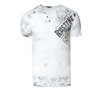 T-Shirt Herren Verwaschen Used Look Seitlicher Logo Print Rundhals mit Knopfleiste V-Neck Optik 240, Farbe:Weiß, Größe S-3XL:XXL