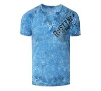T-Shirt Herren Verwaschen Used Look Seitlicher Logo Print Rundhals mit Knopfleiste V-Neck Optik 240, Farbe:Blau, Größe S-3XL:5XL