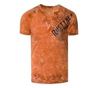T-Shirt Herren Verwaschen Used Look Seitlicher Logo Print Rundhals mit Knopfleiste V-Neck Optik 240, Farbe:Orange, Größe S-3XL:S