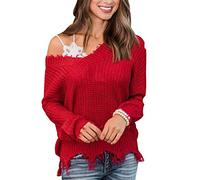V Off Shoulder Knitted Pullover Damen Strickpulli Schulterfrei Damen Strickpullover V-Pullover Strick Oversize Feinstrick Pulli Lässiger Frauen Pullis Winterpullover Lockerer Übergröße Winter Rot 2XL