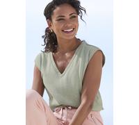 V-Shirt BEACHTIME BY LASCANA "aus leichter Strukturware mit Effektgarn", Damen, Gr. 48/50, beige (hellgrün), Jersey, Obermaterial: 68% Baumwolle, 32% Polyester, unifarben, figurumspielend hüftlang, V-
