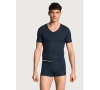 Shirttop CALIDA "Clean Line", Herren, Gr. M (50), blau (schwarz sapphire), Interlock, Obermaterial: 92% Modal (TENCEL), 8% Elasthan, unifarben, Basic, Basic hüftbedeckend, V-Ausschnitt, Kurzarm, Tops,