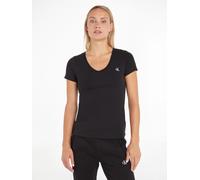 V-Shirt CALVIN KLEIN JEANS "CK EMBROIDERY STRETCH V-NECK", Damen, Gr. S (36), schwarz (ck schwarz), Jersey, Obermaterial: 94% Baumwolle, 6% Elasthan, bestickt, unifarben, Basic, figurbetont, V-Ausschn