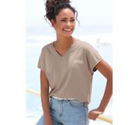 V-Shirt ELBSAND, Damen, Gr. M (38), grau (taupe), Single Jersey, Obermaterial: 50% Baumwolle, 50% Polyester, unifarben, modisch, figurumspielend hüftlang, V-Ausschnitt, Kurzarm angeschnitten, Shirts,