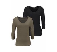 V-Shirt FLASHLIGHTS, Damen, Gr. 36/38, grün (khaki, schwarz), Feinripp, Obermaterial: 100% Baumwolle, unifarben, Basic, sehr figurbetont hüftlang, V-Ausschnitt, Shirts, unifarben, V-Ausschnitt, Basic-