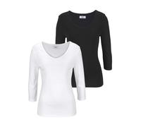 V-Shirt FLASHLIGHTS, Damen, Gr. 36/38, schwarz-weiß (wollweiß, schwarz), Feinripp, Obermaterial: 100% Baumwolle, unifarben, Basic, sehr figurbetont hüftlang, V-Ausschnitt, Shirts, unifarben, V-Ausschn