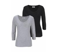 V-Shirt FLASHLIGHTS, Damen, Gr. 44/46, grau (grau, meliert, schwarz), Feinripp, Obermaterial: 100% Baumwolle. Obermaterial Melange: 95% Baumwolle, 5% Viskose, unifarben, Basic, sehr figurbetont hüftla