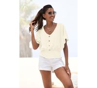 V-Shirt LASCANA, Damen, Gr. 36/38, beige (creme), Jersey, Obermaterial: 98% Polyester, 2% Elasthan, unifarben, figurumspielend hüftlang, V-Ausschnitt, Shirts, mit breitem Smoksaum und Kopfleiste, Blus