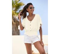 V-Shirt LASCANA, Damen, Gr. 44/46, beige (creme), Jersey, Obermaterial: 98% Polyester, 2% Elasthan, unifarben, figurumspielend hüftlang, V-Ausschnitt, Shirts, mit breitem Smoksaum und Kopfleiste, Blus