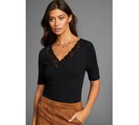 V-Shirt LAURA SCOTT, Damen, Gr. 36, schwarz, Jersey, Obermaterial: 95% Viskose, 5% Elasthan. Spitze: 95% Polyester, 5% Elasthan, unifarben, sehr figurbetont hüftlang, V-Ausschnitt, abgesteppt, Shirts,