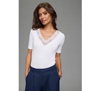 V-Shirt LAURA SCOTT, Damen, Gr. 46, weiß, Jersey, Obermaterial: 95% Viskose, 5% Elasthan. Spitze: 95% Polyester, 5% Elasthan, unifarben, sehr figurbetont hüftlang, V-Ausschnitt, abgesteppt, Shirts, se