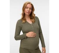 V-Shirt MAMALICIOUS "MLFELIZIA LIA LS JRS TOP 2F NOOS", Damen, Gr. L, grape leaf detail:melange, Jersey, Obermaterial: 95% Polyester, 5% Elasthan, meliert, normal, V-Ausschnitt, gewellter Abschluss, S
