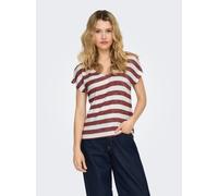 V-Shirt ONLY "ONLLIRA LIFE S/S V-NECK TOP JRS NOOS", Damen, Gr. M, rot (spiced apple stripes:cloud dancer), Jersey, Obermaterial: 95% Viskose, 5% Elasthan, gestreift, regular fit normal, V-Ausschnitt,