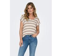 V-Shirt ONLY "ONLLIRA LIFE S/S V-NECK TOP JRS NOOS", Damen, Gr. S, mocha meringue stripes:cloud dancer, Jersey, Obermaterial: 95% Viskose, 5% Elasthan, gestreift, regular fit normal, V-Ausschnitt, Shi