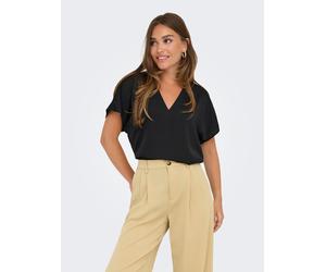 V-Shirt ONLY "ONLLUCY LIFE SS V-NECK TOP WVN", Damen, Gr. S, schwarz, Web, Obermaterial: 100% Polyester, unifarben, regular fit, V-Ausschnitt, Shirts (70127301-S) schwarz