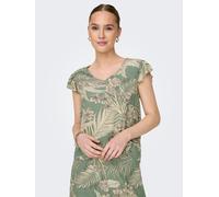 V-Shirt ONLY "ONLPALINA LIFE SS V-NECK TOP PTM", Damen, Gr. XS (34), grün (hedge grün aop:lovely palm), Single Jersey, Obermaterial: 100% Viskose, gemustert, regular fit, V-Ausschnitt, Shirts V-Shirt 