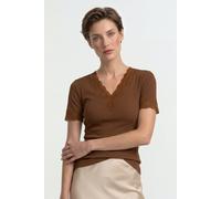 V-Shirt RICHROYAL, Damen, Gr. M, braun (coconut bark), Jersey, Obermaterial: 50% Baumwolle, 45% Viskose, 5% Elasthan, slim fit normal, V-Ausschnitt, Shirts, mit Spitzenabschlüssen am Ausschnitt und Är