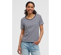V-Shirt SENSES.THE LABEL, Damen, Gr. L, schwarz-weiß (night navy, opticweiß), Single Jersey, Material: 100% Baumwolle, gestreift, regular fit normal, V-Ausschnitt, eingesetzt gerader Abschluss, Shirts