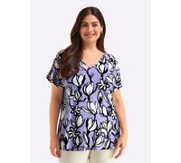 V-Shirt SHEEGO "Kurzarm-Shirt", Damen, Gr. 52/54, flieder, ecru, bedruckt, 95% Viskose, 5% Elasthan, bedruckt, geblümt, gemustert, V-Ausschnitt, Shirts (78021237-52) flieder, ecru, bedruckt
