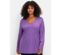 V-Shirt SHEEGO "Langarmshirt", Damen, Gr. 52/54, lila, 100% Baumwolle, unifarben, V-Ausschnitt, Shirts (41609905-52) lila