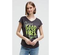 V-Shirt SOCCX, Damen, Gr. L, charcoal mist, Single Jersey, Material: 100% Baumwolle, Glitzermuster, bedruckt, regular fit normal, V-Ausschnitt, angeschnitten gerader Abschluss, Shirts, mit überschnitt