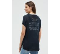 V-Shirt SOCCX, Damen, Gr. XL, blau, Strick, Material: 60% Baumwolle, 40% Viskose, Glitzermuster, bedruckt, regular fit normal, V-Ausschnitt, Shirts, mit Seitenschlitze (22807620-XL) blau