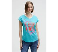 V-Shirt SOCCX, Damen, Gr. XS, blau (ocean flash), Single Jersey, Material: 100% Baumwolle, Glitzermuster, bedruckt, regular fit normal, V-Ausschnitt, angeschnitten gerader Abschluss, Shirts, mit übers