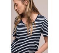 Kurzarmshirt STREET ONE "Style Gerda", Damen, Gr. 34, shadowed navy, Jersey, Obermaterial: 50% Baumwolle, 50% Modal, geringelt, gestreift, normal hüftbedeckend, Rundhals, Shirts, im Streifen-Look und