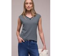 V-Shirt STREET ONE, Damen, Gr. 44, shadowed navy, Web, 50% Baumwolle, 50% Modal, gestreift, normal normal, V-Ausschnitt, abgesteppt, Shirts, mit abgerundetem V-Ausschnitt (94578760-44) shadowed navy