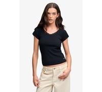 V-Shirt SUPERDRY "ATH ESS LACE TRIM V TEE", Damen, Gr. S, eclipse navy, Single Jersey, Obermaterial: 95% Baumwolle, 5% Elasthan, unifarben, slim fit normal, V-Ausschnitt, Shirts, mit Spitze (28124712-