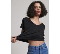 V-Shirt SUPERDRY "STUDIOS SLUB EMB VEE TEE", Damen, Gr. S, schwarz, Single Jersey, Obermaterial: 60% Baumwolle, 40% Lyocell, unifarben, lässig geschnitten hüftlang, V-Ausschnitt, geschnittene Kante, S