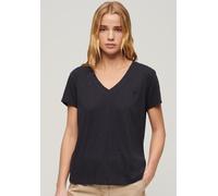 V-Shirt SUPERDRY "STUDIOS SLUB EMB VEE TEE", Damen, Gr. XL, blau (eclipse navy), Single Jersey, Obermaterial: 60% Baumwolle, 40% Lyocell, unifarben, lässig geschnitten hüftlang, V-Ausschnitt, geschnit
