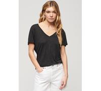 V-Shirt SUPERDRY "STUDIOS SLUB EMB VEE TEE", Damen, Gr. XS, schwarz (schwarz metalic), Single Jersey, Obermaterial: 60% Baumwolle, 40% Lyocell, unifarben, lässig geschnitten hüftlang, V-Ausschnitt, ge